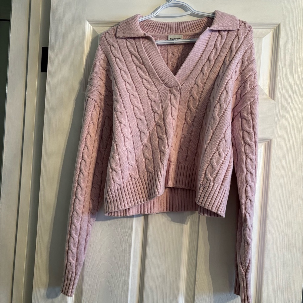 Sunday Best Light Pink V-Neck Cable Knit Sweater